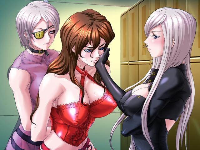 3girls angry arms_behind_back beauty_hair blue_eyes blush breast_hold breasts brown_eyes brown_hair bustier chemise cleavage collar covered_erect_nipples elbow_gloves eyepatch feathers femdom game_cg garter_belt gloves grabbing_another&#039;s_chin gyakujoku_hiai hair_ornament hand_on_another&#039;s_chin jpeg_artifacts large_breasts leather lingerie lipstick long_hair makeup mao_joou minako_joou mole mole_under_mouth multiple_girls naughty_face profile restrained see-through_clothes shiny_clothes short_hair sideboob silver_hair smile sweat underwear yuka_joou yuri