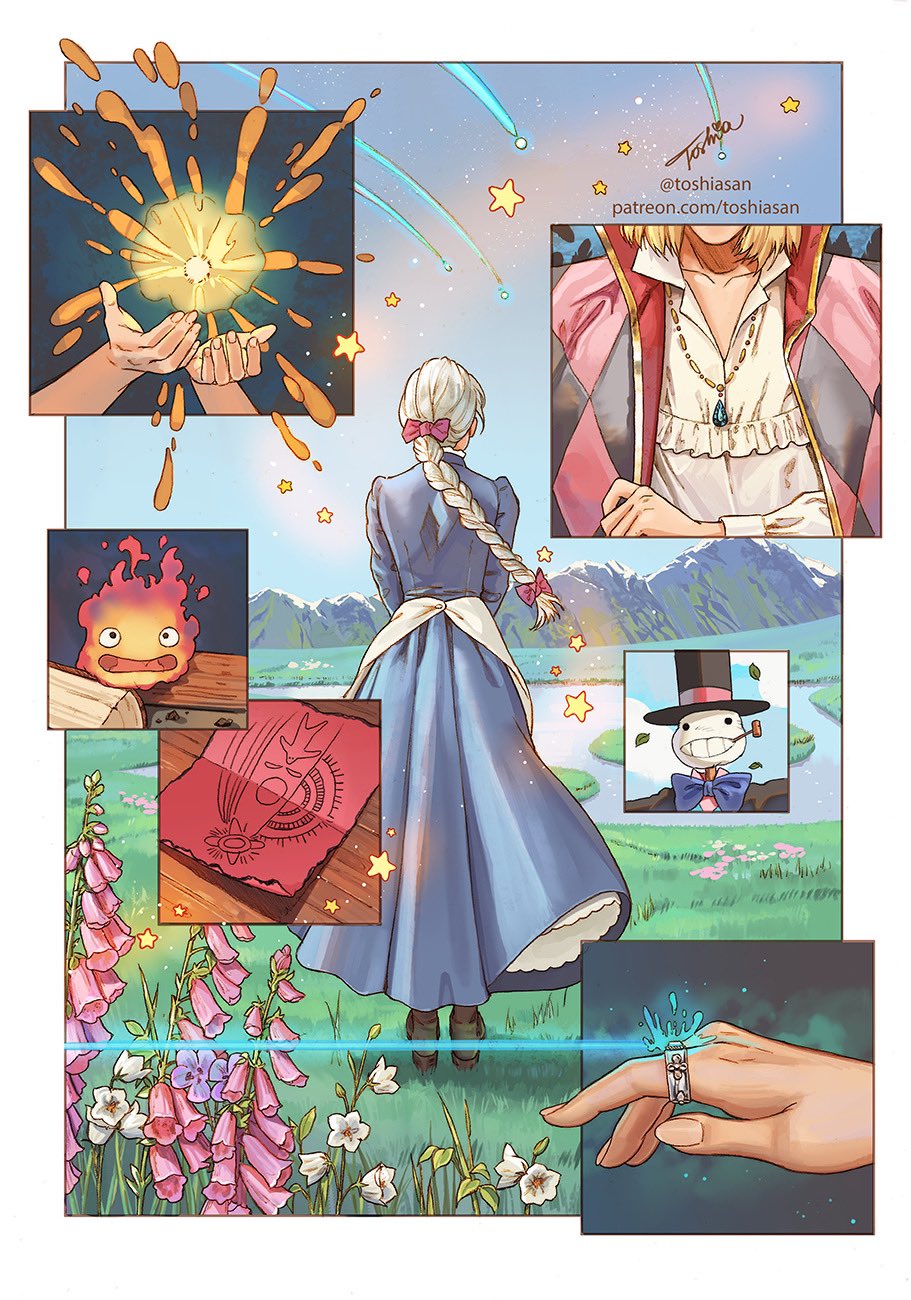 1boy 1girl apron artist_name back blonde_hair blue_dress braid braided_ponytail calcifer commentary dress english_commentary field fire flower highres howl_(howl_no_ugoku_shiro) howl_no_ugoku_shiro jacket jacket_on_shoulders jewelry kakashi_no_kabu medium_hair mountain necklace ring shirt shooting_star sophie_(howl_no_ugoku_shiro) star_(sky) toshiasan white_shirt