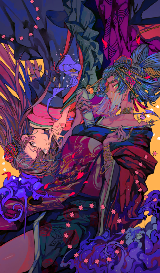 2girls alf_layla_wa-layla_(fate) black_hair blue_eyes blue_kimono bracelet breasts brown_hair commentary dark-skinned_female dark_skin earrings endo_(takolegs) fate/grand_order fate_(series) feet_out_of_frame floral_print floral_print_kimono flower frilled_kimono frills green_eyes hair_flower hair_ornament hairstyle_request holding holding_scroll hoop_earrings japanese_clothes jewelry kanzashi kimono large_breasts long_hair long_sleeves looking_to_the_side manaita_obi mata_hari_(fate) mata_hari_(guiding_the_lily)_(fate) medjed_(fate) mouth_veil multiple_girls necklace obi official_art oiran orange_background petals pink_kimono print_kimono purple_sash red_flower red_sash ring rotational_symmetry sash scheherazade_(fate) scheherazade_(guiding_the_lily)_(fate) scroll see-through_clothes see-through_veil short_hair smoke third-party_source veil very_long_hair wide_sleeves