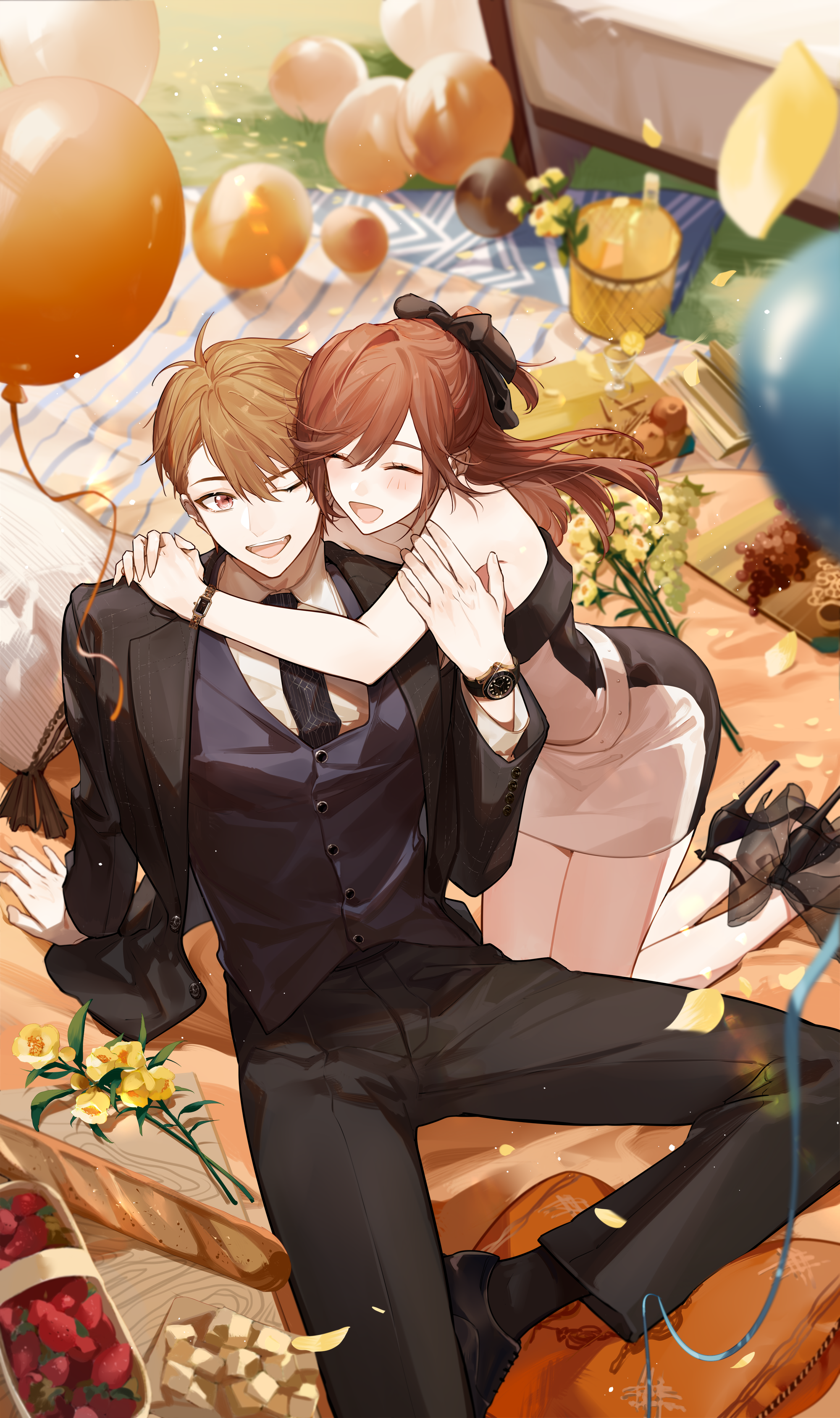 1boy 1girl :d absurdres balloon bare_shoulders basket black_bow black_jacket black_necktie black_pants black_shirt black_vest bow bread brown_eyes brown_hair closed_eyes cookie dress flower food formal_clothes green_eyes grey_vest hair_bow high_heels highres hug jacket jewelry kneeling long_hair long_sleeves luke_pearce_(tears_of_themis) necktie one_eye_closed open_mouth outdoors pants polo_shirt qinnye rosa_(tears_of_themis) rose shirt short_hair sitting sleeveless smile suit tears_of_themis teeth vest watch white_shirt wristwatch