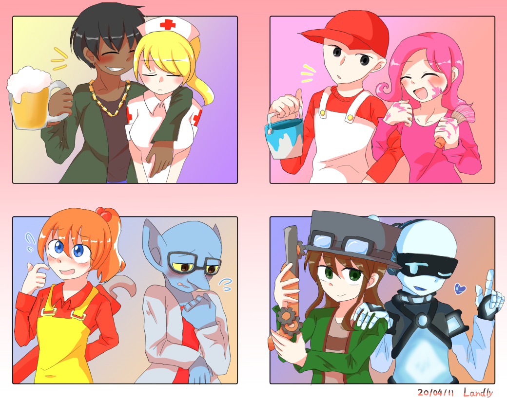 4boys 4girls android arms_dealer_(terraria) beer_mug black_hair blonde_hair blue_eyes brown_hair cup cyborg_(terraria) dark_skin goblin_tinkerer_(terraria) gradient_background green_eyes gun hair_ornament jewelry landly mechanic_(terraria) mug multiple_boys multiple_girls necklace nurse nurse_(terraria) orange_hair oversized_object paint_can painter_(terraria) party_girl_(terraria) pink_hair pink_shirt ponytail shirt steampunker_(terraria) terraria weapon