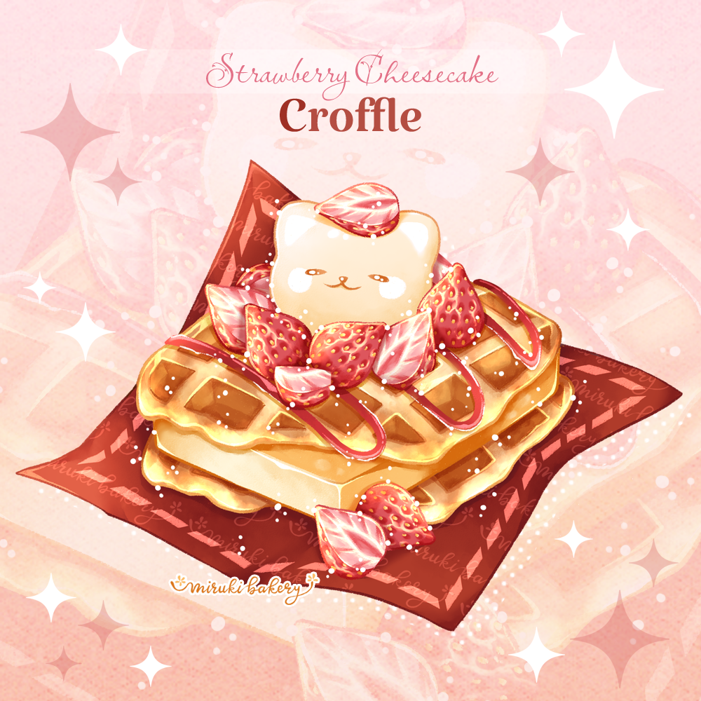 artist_name bear chocomiruki cream_cheese croffle english_text food food_focus fruit no_humans original paper still_life strawberry strawberry_slice strawberry_syrup sweets syrup waffle
