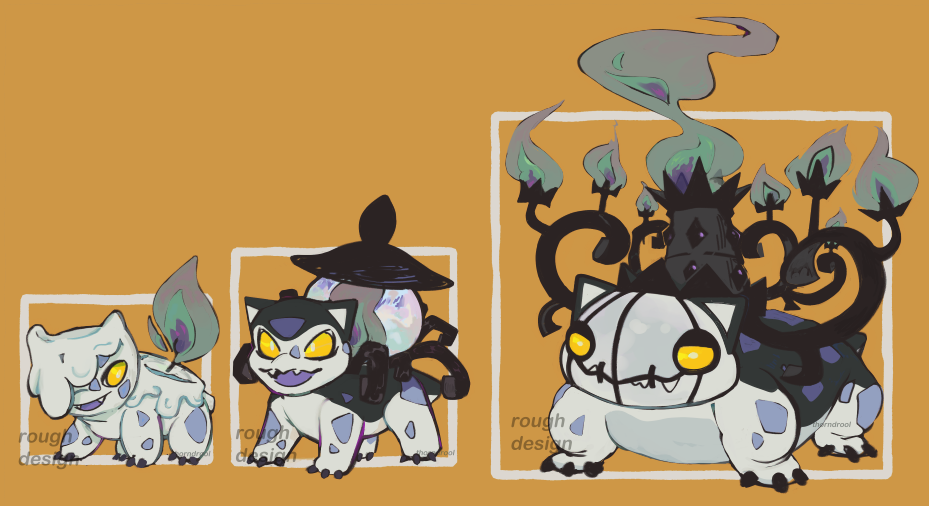 animal_focus bulbasaur chandelure claws closed_mouth commentary english_commentary evolutionary_line fangs fire full_body fusion gen_1_pokemon gen_5_pokemon grey_fire ivysaur lampent litwick nintendo no_humans one_eye_covered open_mouth orange_background pokemon pokemon_(creature) thorndrool venusaur wax yellow_eyes
