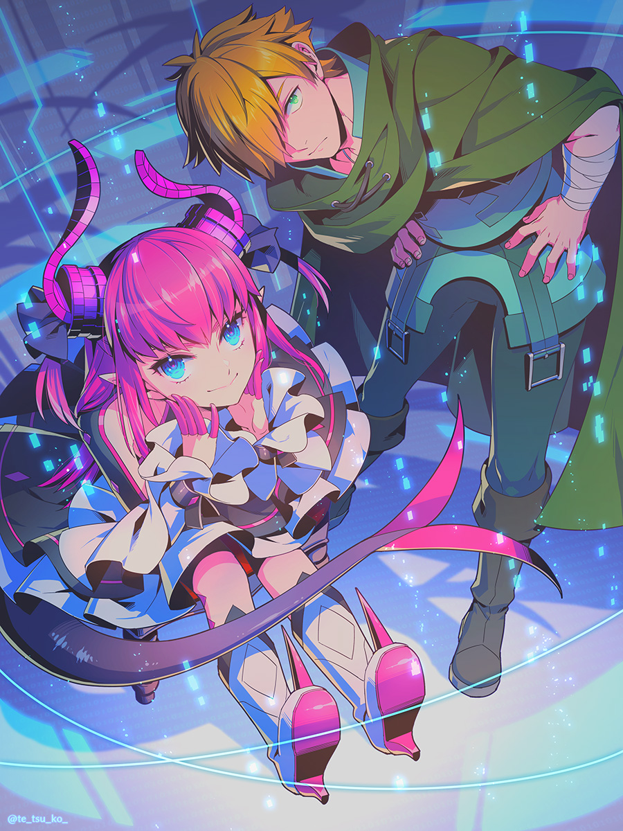 1boy 1girl asymmetrical_horns bandaged_arm bandages cape curled_horns dragon_girl dragon_horns dragon_tail dress elizabeth_bathory_(fate) elizabeth_bathory_(fate/extra) fate/extra fate/extra_ccc fate_(series) green_cape hair_over_one_eye hands_on_own_hips high_heels highres horns leaning_forward long_hair orange_hair pink_hair pointy_ears robin_hood_(fate) sitting smile tail tetsukuzu_tetsuko uneven_horns white_dress