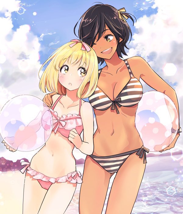 2girls asagao_to_kase-san ball beach beachball bikini black_hair blonde_hair blue_sky breasts brown_eyes closed_mouth cloud commentary_request cowboy_shot dark-skinned_female dark_skin day frilled_bikini frills hair_ribbon hand_on_another&#039;s_shoulder holding holding_ball holding_beachball kase_tomoka large_breasts medium_hair multiple_girls navel one_eye_closed one_side_up open_mouth outdoors pink_bikini pink_ribbon ribbon short_hair sky smile striped_bikini striped_clothes swimsuit takashima_hiromi tan yamada_yui yellow_ribbon yuri
