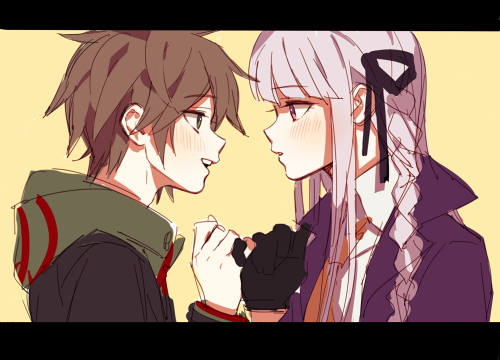 1boy 1girl black_gloves black_jacket black_ribbon braid brown_hair collared_shirt commentary_request danganronpa:_trigger_happy_havoc danganronpa_(series) dg_xhs eye_contact from_side gloves green_hoodie hair_ribbon hand_up hood hood_down hoodie jacket kirigiri_kyoko korean_commentary letterboxed long_hair long_sleeves looking_at_another lowres naegi_makoto open_clothes open_jacket open_mouth pinky_swear profile purple_eyes purple_hair ribbon shirt short_hair side_braid smile upper_body yellow_background