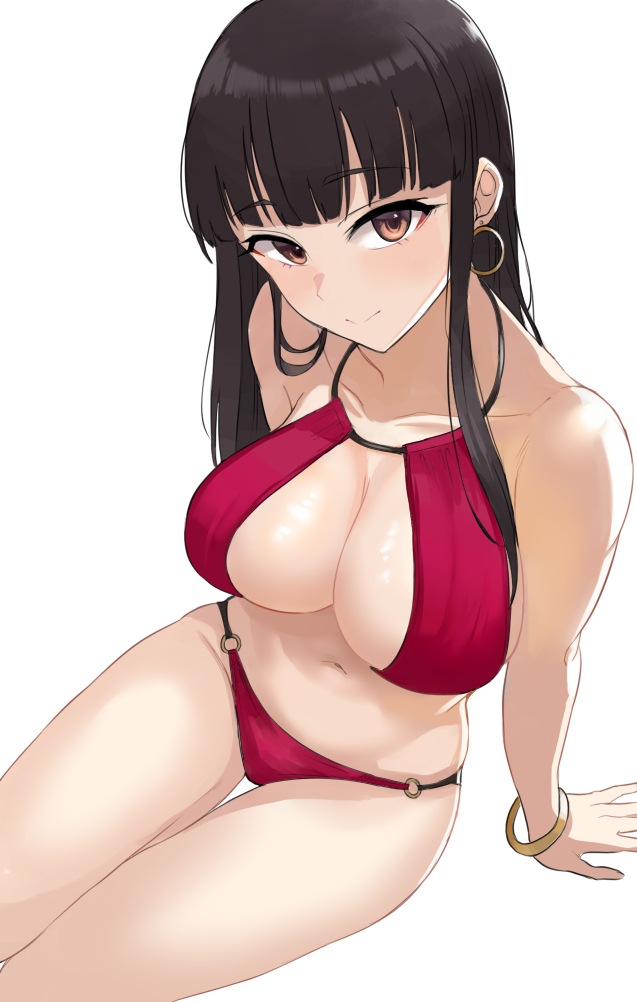 1girl ashita_(2010) bikini black_hair blunt_bangs bracelet breasts brown_eyes cleavage collarbone earrings idolmaster jewelry kurokawa_chiaki large_breasts long_hair navel red_bikini simple_background sitting solo swimsuit thighs white_background