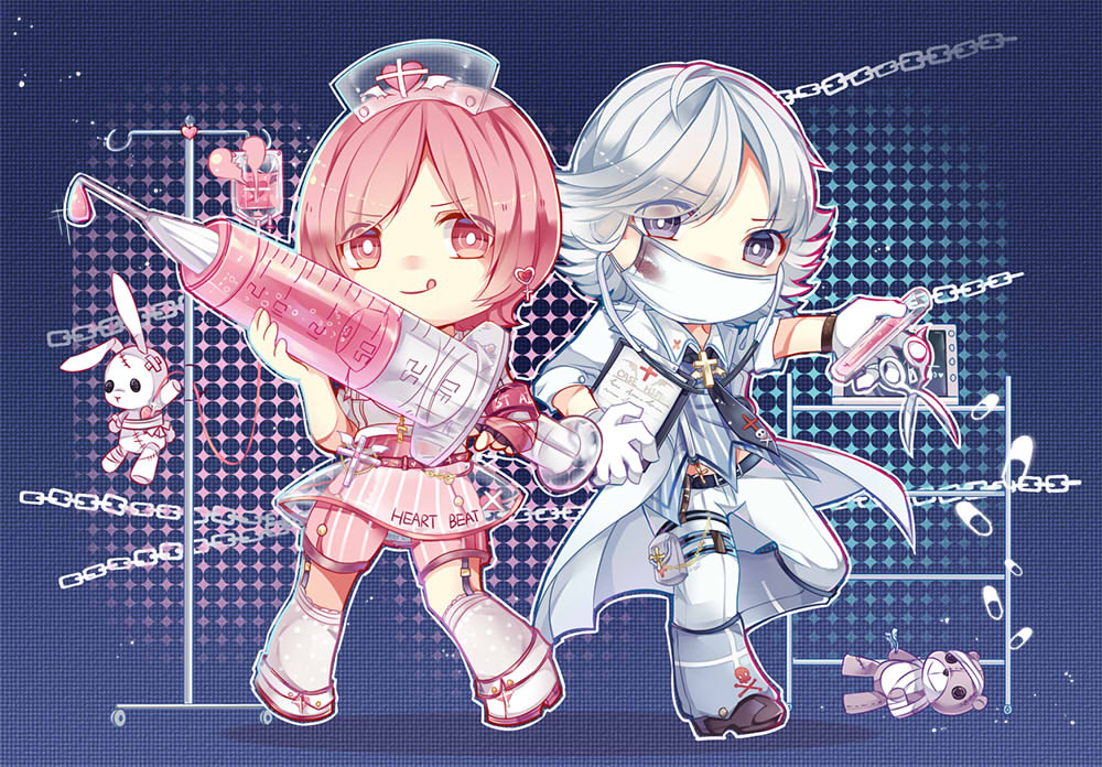 2girls :q androgynous arm_ribbon belt between_fingers black_belt black_footwear black_gloves black_necktie blood blood_bag blood_stain blue_background blue_leg_warmers blue_shirt boots bright_pupils brown_belt chain chibi clipboard closed_mouth clothes_writing covered_mouth cross cross_brooch cross_earrings cross_pin cross_print dress_shoes earrings eyes_visible_through_hair fingerless_gloves full_body gloves grey_eyes halftone halftone_background hat heart heart_earrings heart_print holding holding_beaker holding_clipboard holding_scissors holding_syringe intravenous_drip jewelry lab_coat lace-trimmed_socks lapels leg_warmers light_particles looking_at_viewer loose_hair_strand mask midriff_peek miniskirt miracle_nikki mouth_mask multiple_girls necktie nikki_(series) notched_lapels nurse_cap outline outstretched_arms over-kneehighs oversized_object pants paper pill pink_eyes pink_hair pink_ribbon pink_shorts polka_dot_socks ribbed_legwear ribbon scissors see-through_clothes see-through_headwear see-through_skirt shadow shirt short_hair short_sleeves shorts shorts_under_skirt single_bare_arm single_fingerless_glove skirt skull_and_crossbones skull_print sly_angel_(miracle_nikki) smile socks standing striped_clothes striped_shirt striped_shorts stuffed_animal stuffed_rabbit stuffed_toy syringe teddy_bear thighhighs tie_clip tongue tongue_out vertical-striped_clothes vertical-striped_shirt vertical-striped_shorts white_demon_(miracle_nikki) white_footwear white_gloves white_hair white_mask white_outline white_pants white_pupils white_shirt white_socks winged_heart youzi_xia
