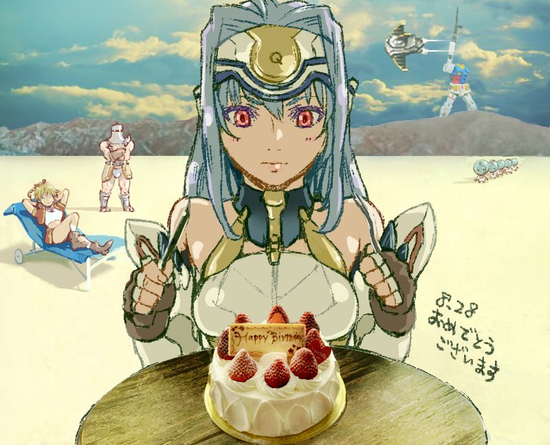 2boys 2girls android blonde_hair blue_hair breasts cake chrono_cross chrono_trigger closed_mouth crossover dated elbow_gloves epoch food forehead_protector gloves gundam jewelry kid_(chrono_cross) kos-mos long_hair mecha midriff mobile_suit_gundam multiple_boys multiple_girls necklace photo_background ponytail red_eyes robot rx-78-2_gundam ryon_(yasagure_un) skirt standing starky_(chrono_cross) vest xenosaga zoah_(chrono_cross)