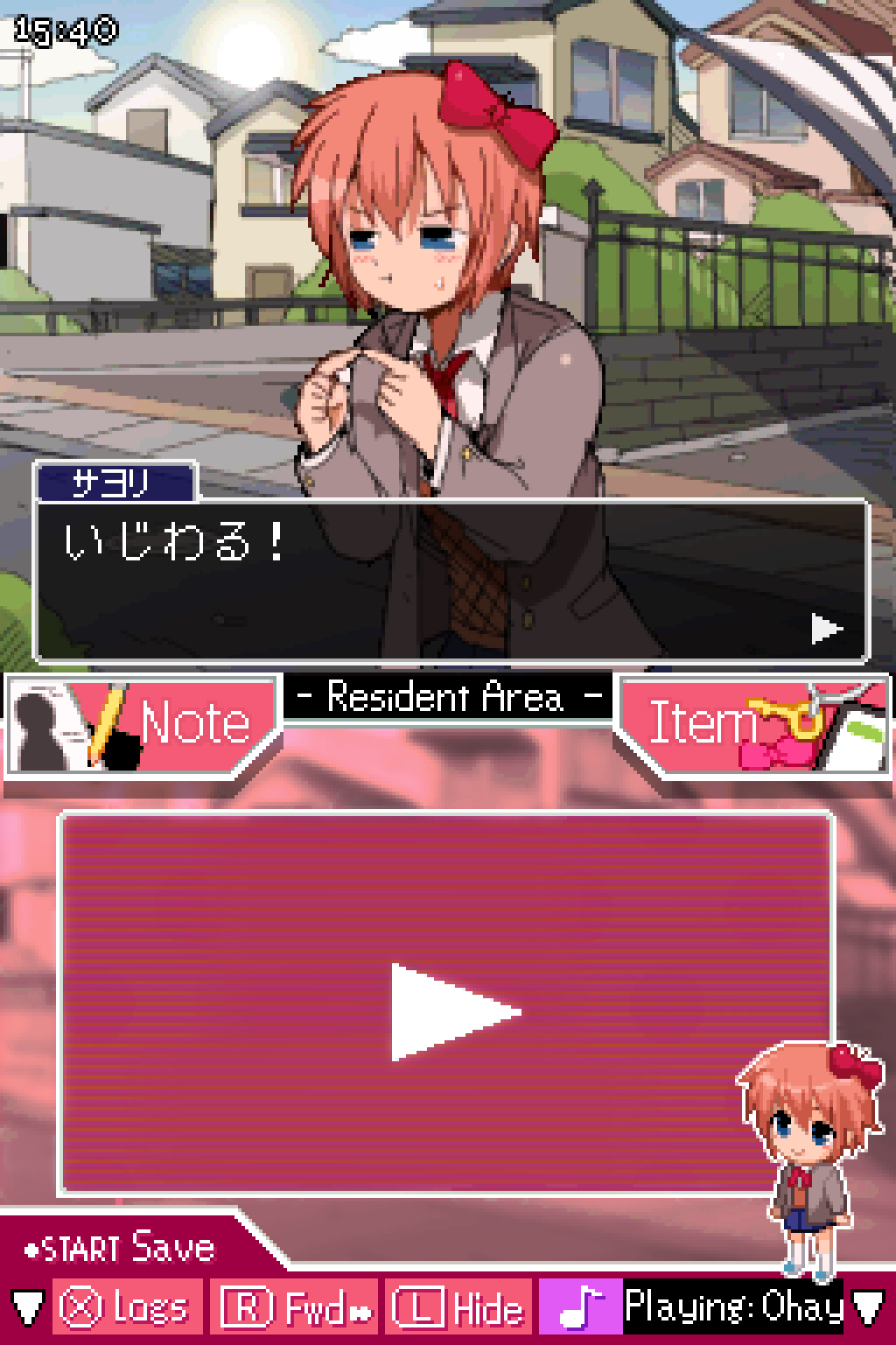 1girl bendedede blue_eyes blush bow chibi closed_mouth commentary day doki_doki_literature_club english_commentary english_text grey_jacket hair_bow handheld_game_console highres index_fingers_together jacket long_sleeves nintendo_ds orange_hair outdoors pixel_art pout red_bow sayori_(doki_doki_literature_club) school_uniform short_hair small_sweatdrop symbol-only_commentary translation_request user_interface