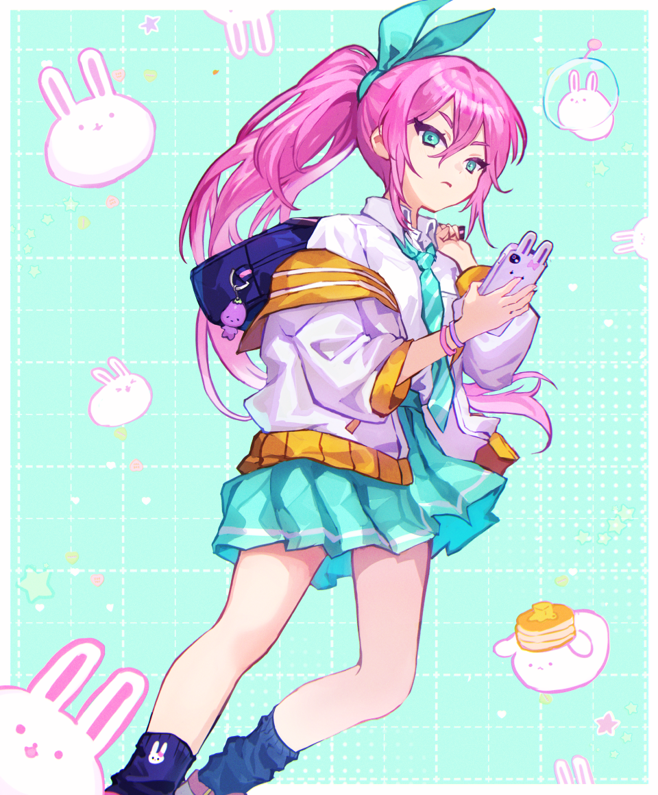 1girl aqua_eyes aqua_necktie aqua_ribbon aqua_skirt aubrey_(faraway)_(omori) aubrey_(omori) bag bag_charm black_socks bracelet charm_(object) closed_mouth collared_shirt commentary english_commentary feet_out_of_frame forest_bunny_(omori) hair_ribbon hand_up holding holding_phone jacket jewelry long_hair looking_at_viewer loose_socks mr._plantegg_(omori) necktie off_shoulder omori pancake_bunny_(omori) phone pink_hair pink_jacket ponytail rabbit ribbon school_bag shionty shirt skirt smartphone_case socks solo space_bunny_(omori) white_shirt