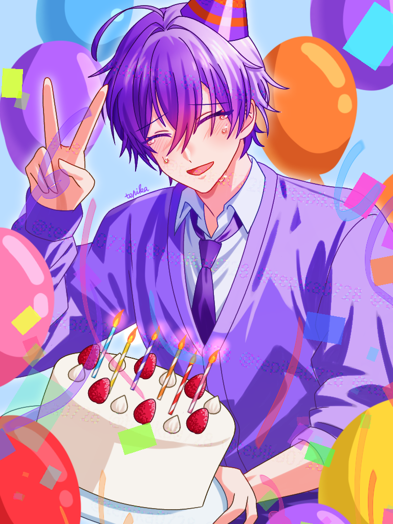 1boy ahoge artist_name balloon birthday birthday_cake blue_background blush cake cardigan closed_eyes collared_shirt confetti facing_viewer food fruit happy_birthday hat ibispaint_(medium) nanamori_(stpri) necktie open_mouth party_hat purple_cardigan purple_hair purple_necktie shirt short_hair smile solo strawberry strawberry_prince tearing_up tepika-san utaite v watermark white_shirt