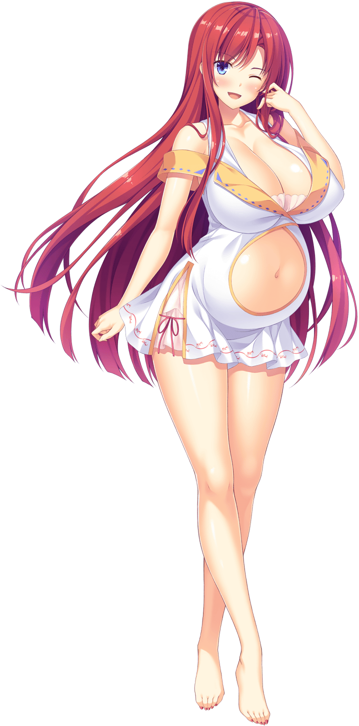 1girl :d barefoot big_belly blue_eyes blush breasts cleavage clothing_cutout covered_erect_nipples elda_heiritte game_cg highres hinata_nao large_breasts long_hair looking_at_viewer maternity_dress navel non-web_source official_art one_eye_closed open_mouth pregnant red_hair red_nails sex_open_world_e_youkoso! sidelocks smile solo stomach_cutout