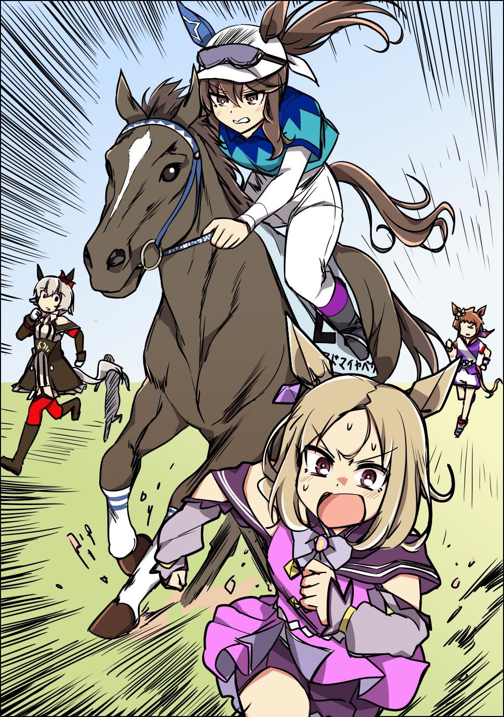 4girls admire_vega_(racehorse) admire_vega_(umamusume) animal_ears biko_pegasus_(umamusume) black_boots black_dress blonde_hair boots bow bridle bright_pupils brown_eyes brown_hair character_name clothing_cutout commentary_request creature_and_personification curren_chan_(umamusume) dress ear_bow ear_covers ear_ornament ears_through_headwear goggles goggles_on_head grey_hair hat highres holding horse_ears horse_girl horse_tail horseback_riding knee_boots layered_sleeves long_sleeves multiple_girls narita_top_road_(umamusume) pants pants_tucked_in parted_bangs personification race_bib racing red_eyes riding short_hair short_over_long_sleeves short_sleeves shorts shoulder_cutout sideways_glance silhouette single_ear_cover spiked_hair star_ornament sweat tail translation_request umamusume wahiko_(black_bastard) white_hat white_pants