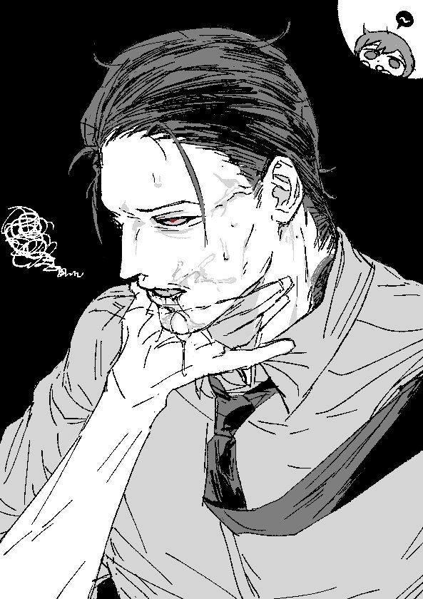 1boy 1other azuran_999 bailey_(degrees_of_lewdity) bailey_(male)_(degrees_of_lewdity) black_hair chibi chibi_inset collared_shirt degrees_of_lewdity greyscale monochrome necktie red_eyes rubbing_neck shirt short_hair solo_focus spot_color