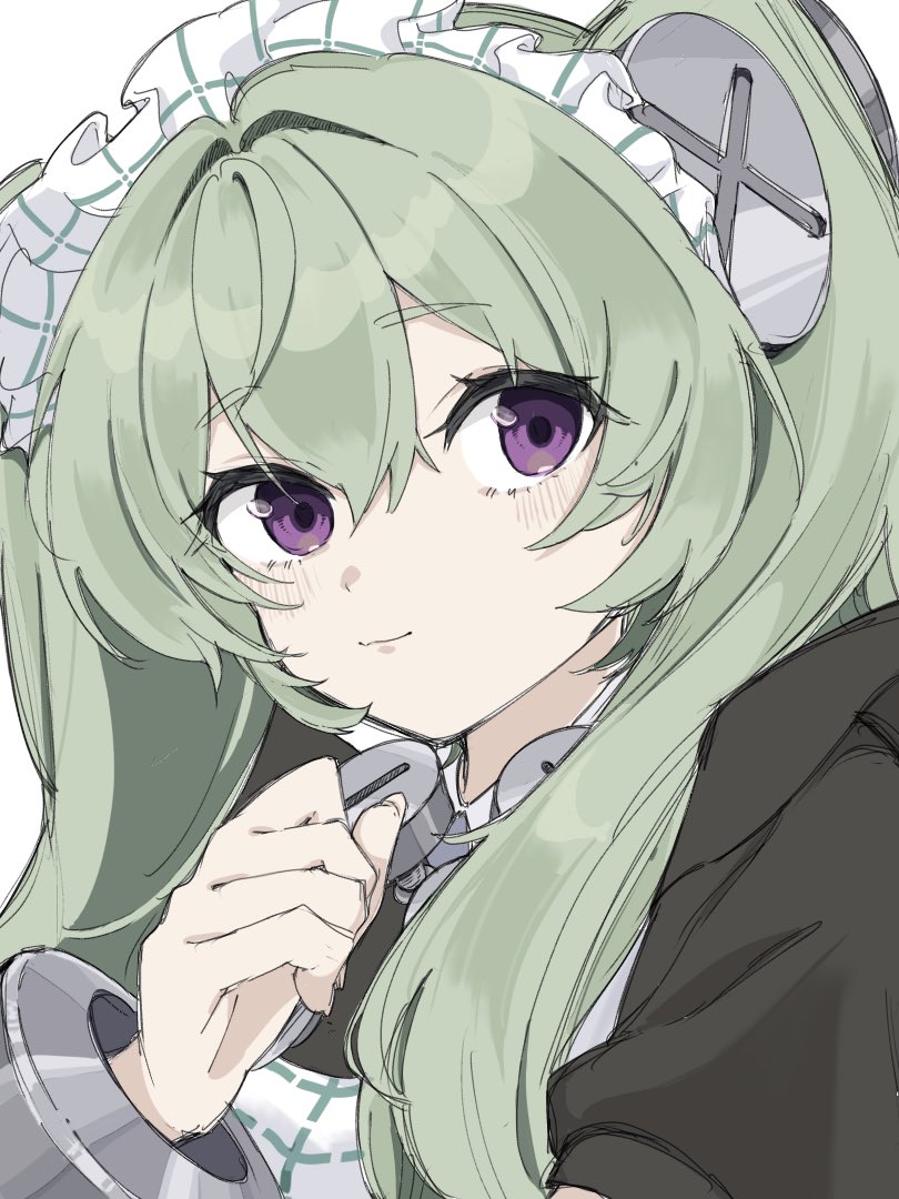 1girl apron black_dress closed_mouth commentary corin_wickes cuffs dress green_hair long_hair looking_to_the_side maid_apron maid_headdress nekohakamiyade puffy_short_sleeves puffy_sleeves purple_eyes screw_hair_ornament short_sleeves simple_background sketch smile solo twintails upper_body white_apron white_background zenless_zone_zero