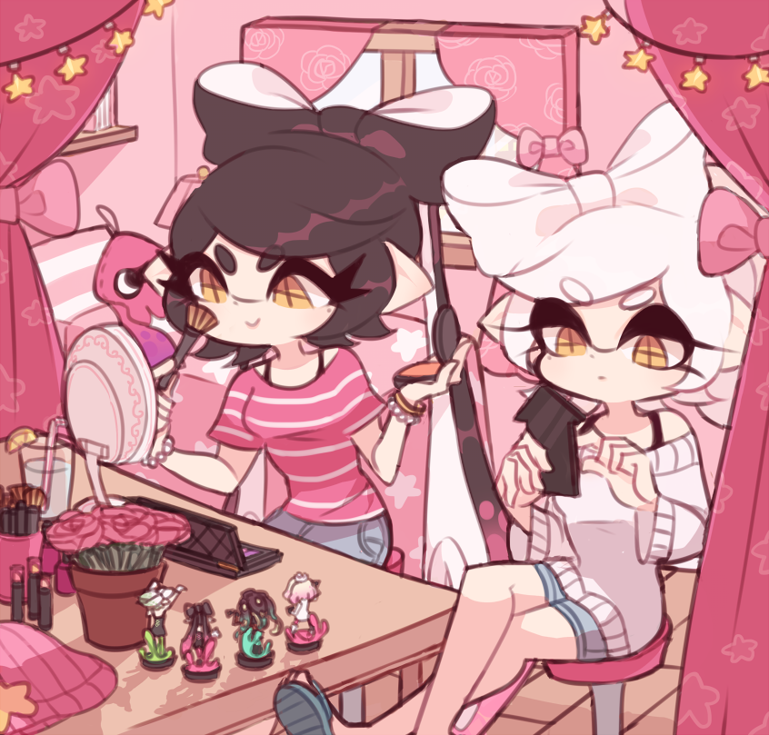 2girls alternate_costume amiibo applying_makeup bad_id bad_twitter_id bead_bracelet beads bed bedroom black_hair black_tank_top blue_footwear blue_pants blue_shorts bored bow bracelet callie_(splatoon) callie_(squid_sisters_outfit)_(splatoon) cellphone cephalopod_eyes charamells closed_mouth cousins crossed_legs curtains denim denim_shorts drinking_straw eyelashes flower food foot_out_of_frame fruit glass gold_bracelet hair_bow holding holding_brush holding_makeup_brush holding_phone indoors jeans jewelry lamp lemon lemon_slice light_frown long_hair long_sleeves looking_at_object makeup_brush marie_(splatoon) marie_(squid_sisters_outfit)_(splatoon) marina_(off_the_hook_outfit)_(splatoon) marina_(splatoon) mirror multiple_girls nintendo off-shoulder_sweater off_shoulder on_stool oversized_clothes pants pearl_(off_the_hook_outfit)_(splatoon) pearl_(splatoon) phone pillow pink_bow pink_flower pink_rose pink_shirt pink_sleeves plant pointy_ears potted_plant rose sandals shirt short_hair short_shorts short_sleeves shorts sitting smartphone smile splatoon_(series) striped_clothes striped_shirt striped_sleeves stuffed_squid sweater t-shirt tank_top tentacle_hair twintails very_long_hair water white_hair white_sleeves white_sweater window wooden_floor yellow_eyes