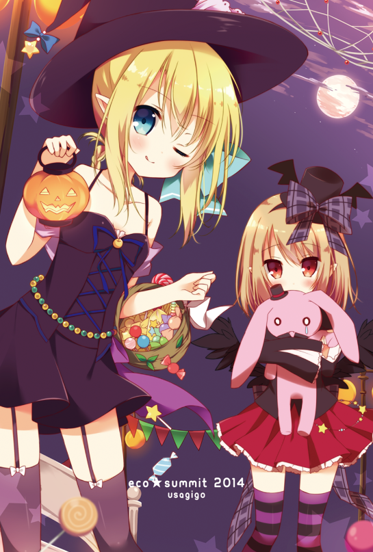 2girls black_dress black_legwear blonde_hair blue_eyes brown_hair dark_feather_alma dress emil_chronicle_online garter_straps halloween hat hoshi_(snacherubi) jack-o&#039;-lantern le_fay_lore long_hair mini_hat mini_top_hat moon multiple_girls pointy_ears short_hair striped_clothes striped_legwear striped_thighhighs thighhighs top_hat wings witch_hat zettai_ryouiki