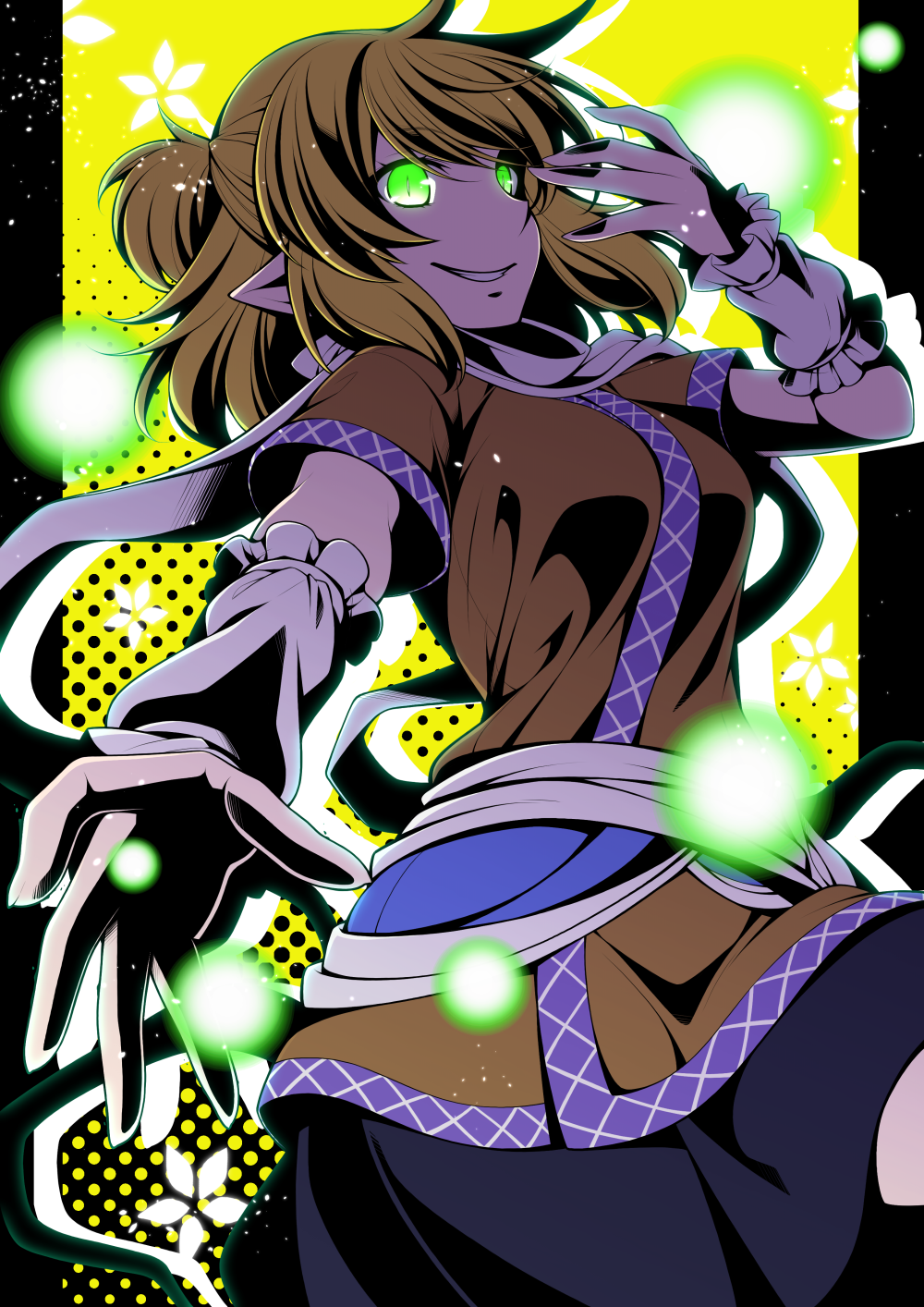 1girl arm_warmers black_skirt blonde_hair breasts brown_shirt cel_shading commentary_request cowboy_shot eichi_yuu glowing glowing_eyes green_eyes grin hair_between_eyes half_updo halftone halftone_background highres looking_at_viewer medium_breasts medium_hair mizuhashi_parsee pointy_ears sash scarf shirt short_sleeves skirt slit_pupils smile solo touhou white_sash white_scarf