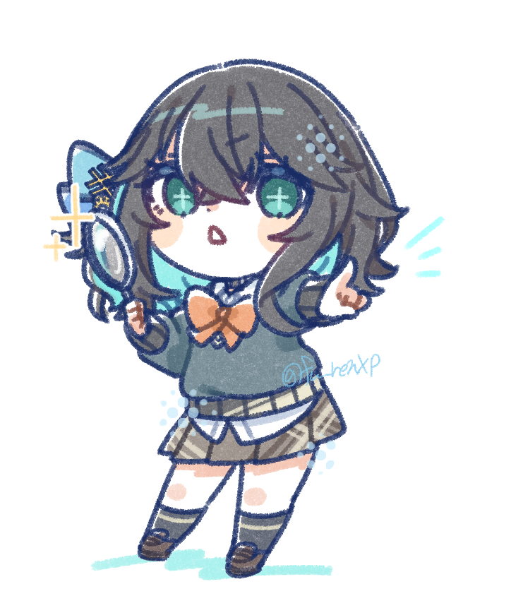 +_+ 1girl argyle_clothes argyle_skirt black_hair black_socks blue_hair blue_ribbon blue_sweater blush bow bowtie brown_shoes brown_skirt collared_shirt colored_inner_hair commentary contrapposto fu-ren full_body green_eyes hair_ribbon holding holding_magnifying_glass loafers long_sleeves looking_at_viewer magnifying_glass medium_hair miyamai_moca multicolored_hair open_mouth orange_bow orange_bowtie outstretched_arm pointing ribbon shirt shoes simple_background skirt socks solo standing sweater triangle_mouth twitter_username v-shaped_eyebrows voicepeak white_background white_shirt