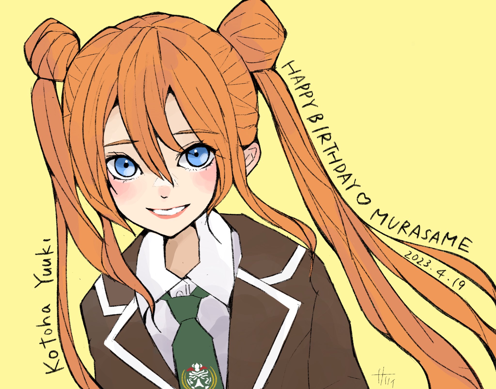1girl arms_at_sides artist_name assault_lily black_jacket blue_eyes blush character_name collared_shirt commentary dated double_bun emblem green_necktie grin hair_between_eyes hair_bun happy_birthday heart highres jacket kusakabe_murasame long_bangs long_hair long_sleeves looking_at_viewer necktie orange_hair parted_lips sally_(allogkk) school_uniform shirt simple_background smile solo twintails upper_body white_shirt yellow_background