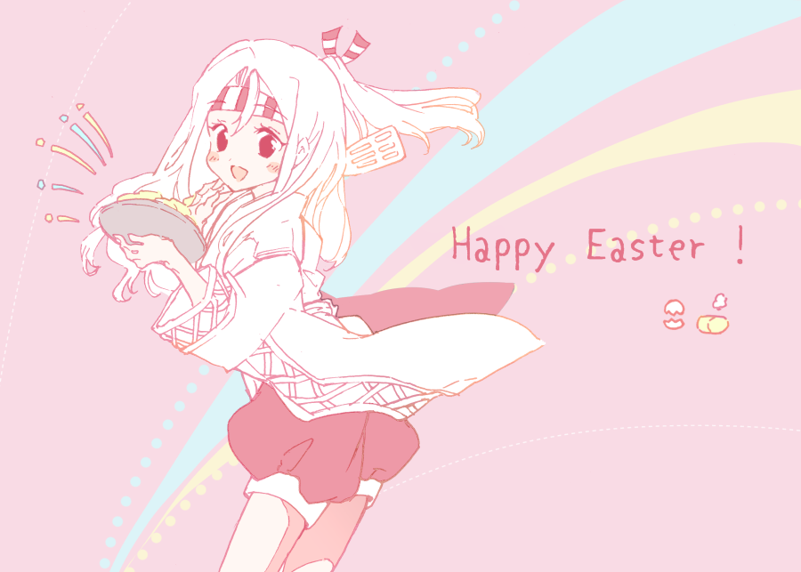 1girl blush easter egg eyebrows_visible_through_headband female_focus hachimaki hakama hakama_pants hakama_shorts happy_easter headband high_ponytail holding japanese_clothes kantai_collection kokonoha_kitori long_hair open_mouth pants pink_background ponytail shorts simple_background solo spatula wide_sleeves zuihou_(kancolle)