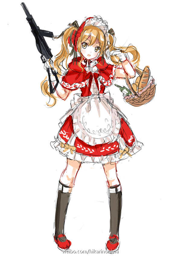 1girl alternate_costume apron basket black_ribbon black_socks blonde_hair bonnet bottle bread capelet commentary_request dress elbow_carry food frilled_bonnet frills full_body girls&#039;_frontline gloves gun hair_ribbon hands_up holding holding_basket holding_gun holding_weapon kneehighs korean_commentary little_red_riding_hood_(grimm) long_hair looking_at_viewer mary_janes open_mouth red_capelet red_dress red_headwear red_shoes ribbon shoes simple_background socks solo standing sten_gun sten_mkii_(girls&#039;_frontline) third-party_source twintails waist_apron watermark weapon web_address weibo_watermark white_apron white_background white_gloves yellow_eyes zhenming