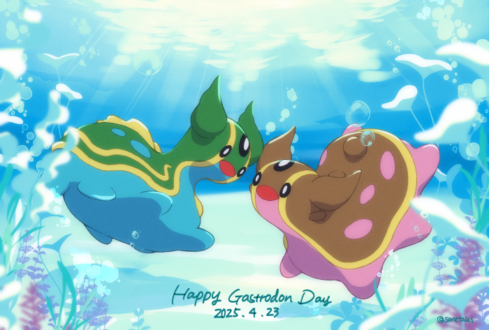 :d air_bubble black_eyes bright_pupils bubble character_name commentary_request creatures_(company) dated eye_contact game_freak gastrodon gastrodon_(east) gastrodon_(west) gen_4_pokemon happy looking_at_another nintendo no_humans open_mouth pokemon pokemon_(creature) pokemon_focus smile sonetales underwater white_pupils