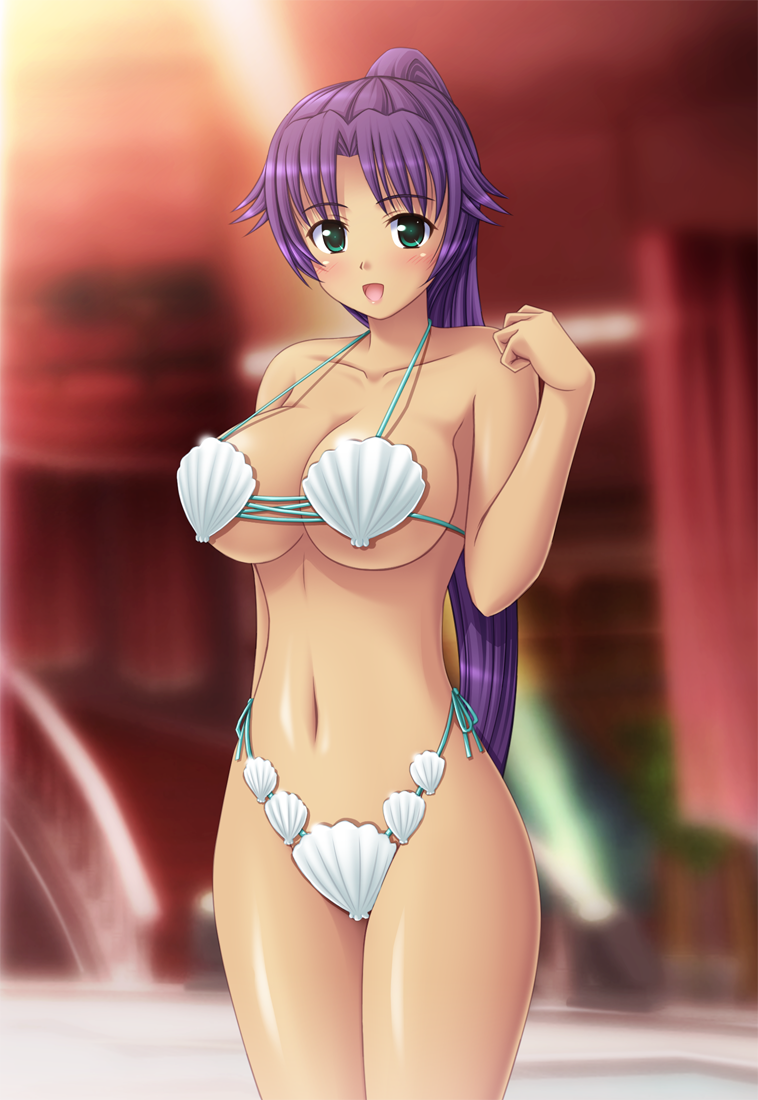 1girl asuka_(dream_c_club_zero) bikini breasts dark-skinned_female dark_skin dream_c_club dream_c_club_(series) dream_c_club_zero green_eyes long_hair nak_yama ponytail purple_hair shell shell_bikini shiny_skin side-tie_bikini_bottom swimsuit
