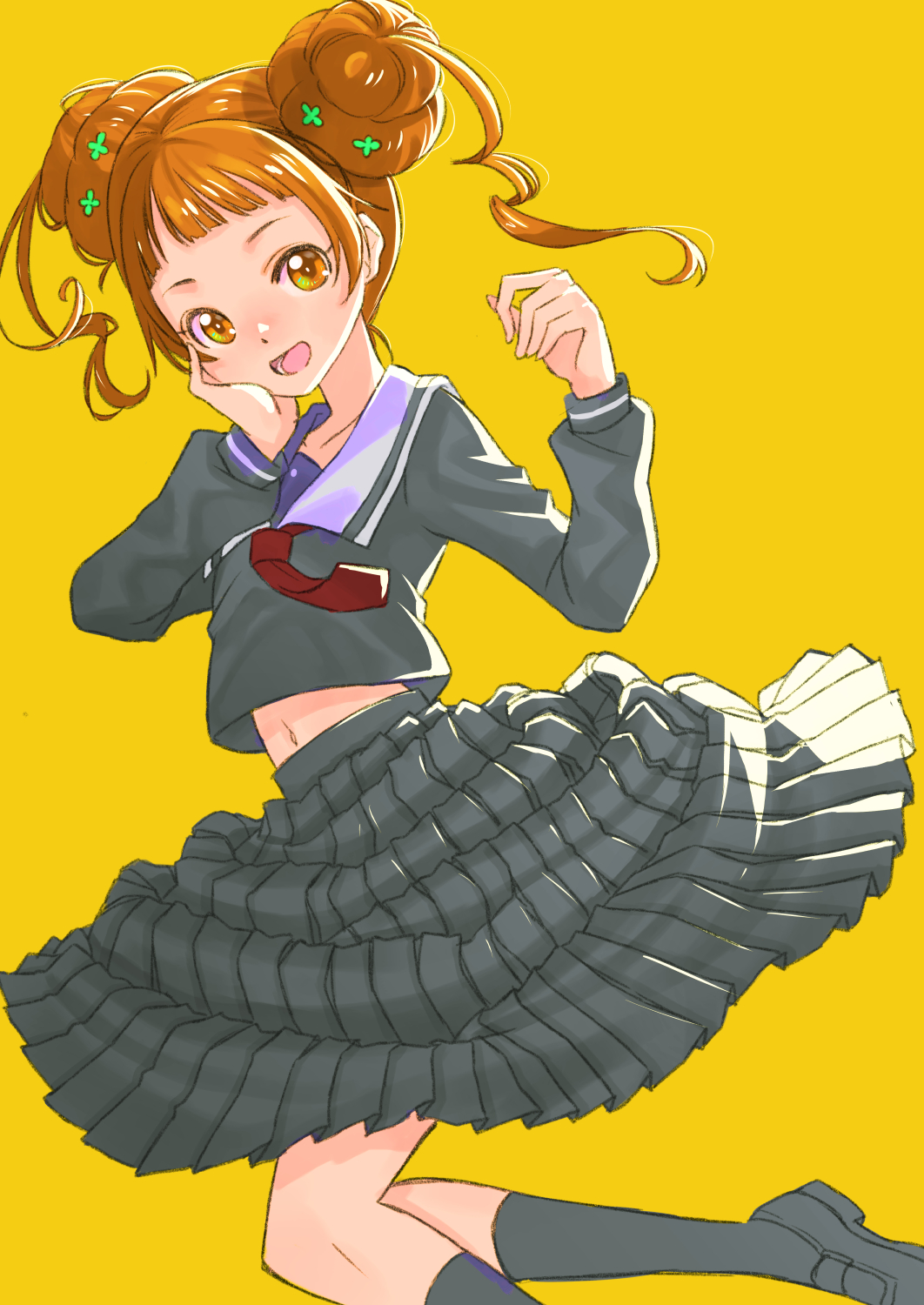 1girl black_shirt black_shoes black_skirt black_socks blouse brown_eyes brown_hair clover_hair_ornament collared_shirt commentary dokidoki!_precure double_bun hair_bun hair_ornament hand_on_own_face highres jj_(ssspulse) kneehighs legs_up loafers medium_skirt midriff_peek navel necktie pleated_skirt precure red_necktie shirt shoes short_hair simple_background skirt socks solo twintails yellow_background yotsuba_alice