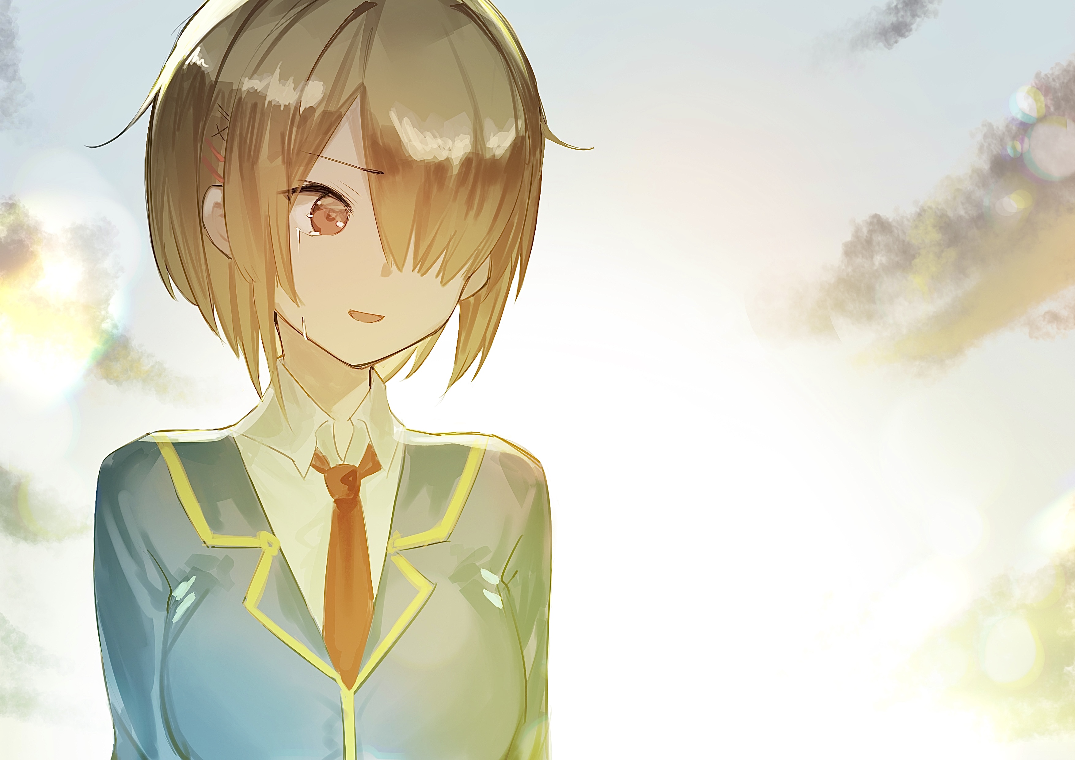 1girl absurdres blonde_hair blue_jacket crying hair_ornament hair_over_one_eye hairclip heaven_burns_red highres jacket kayamori_ruka kr_woyue necktie red_eyes shirt short_hair solo tears white_shirt