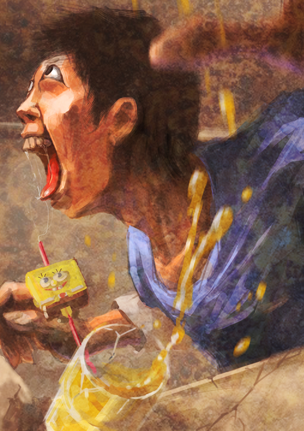 1boy black_hair cameo commentary_request creepy drooling hakkyou_set_(meme) highres horror_(theme) juice mcdonald&#039;s meme open_mouth orange_juice parody saliva shingeki_no_kyojin short_hair sidelocks simonori spongebob_squarepants spongebob_squarepants_(series) tongue tongue_out