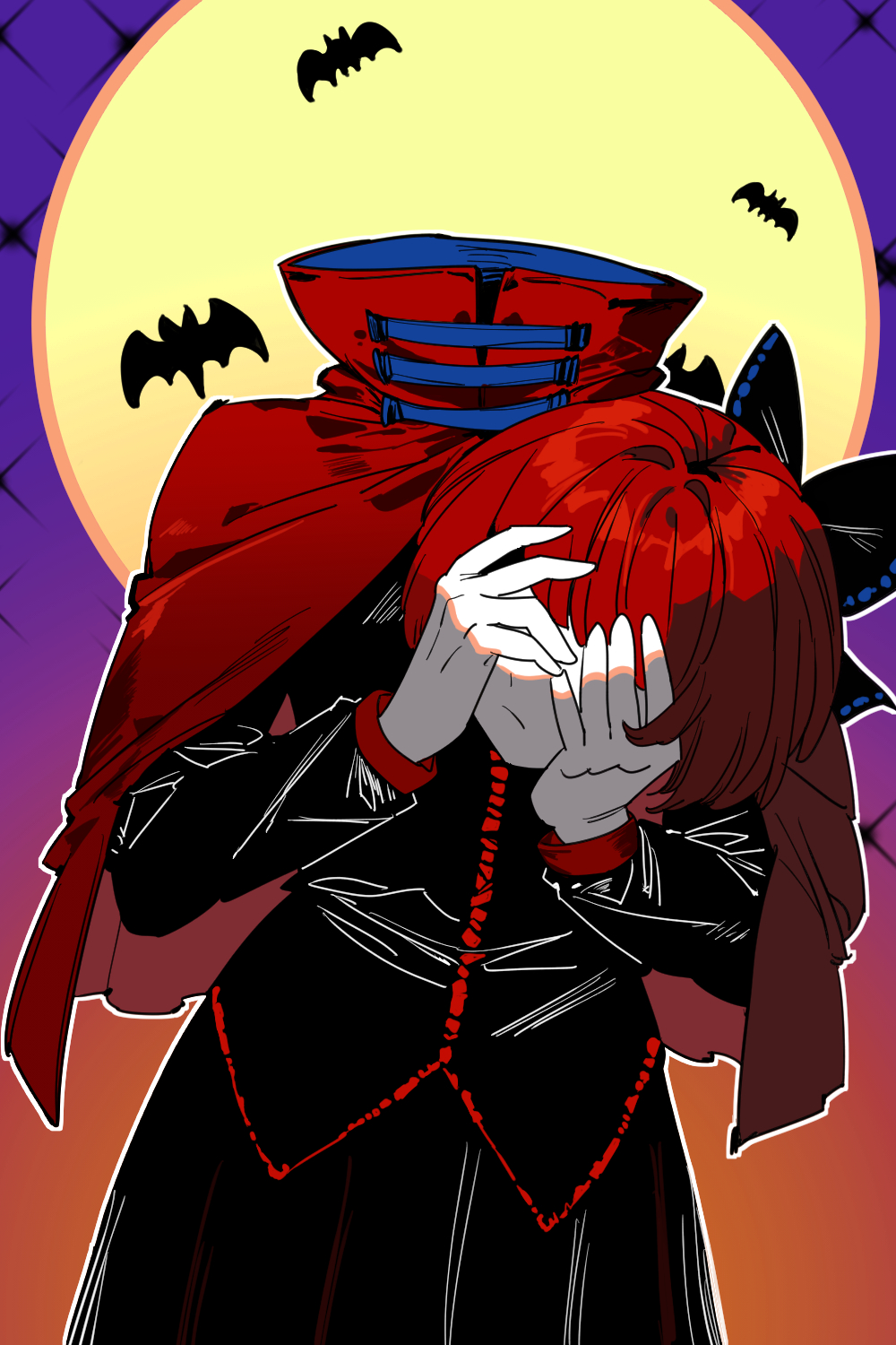 1girl bat_(animal) black_bow black_shirt black_skirt bollzzalguy bow cloak closed_mouth disembodied_head full_moon gradient_sky hair_bow hashtag-only_commentary highres long_sleeves moon outdoors red_hair sekibanki shirt short_hair skirt sky solo touhou