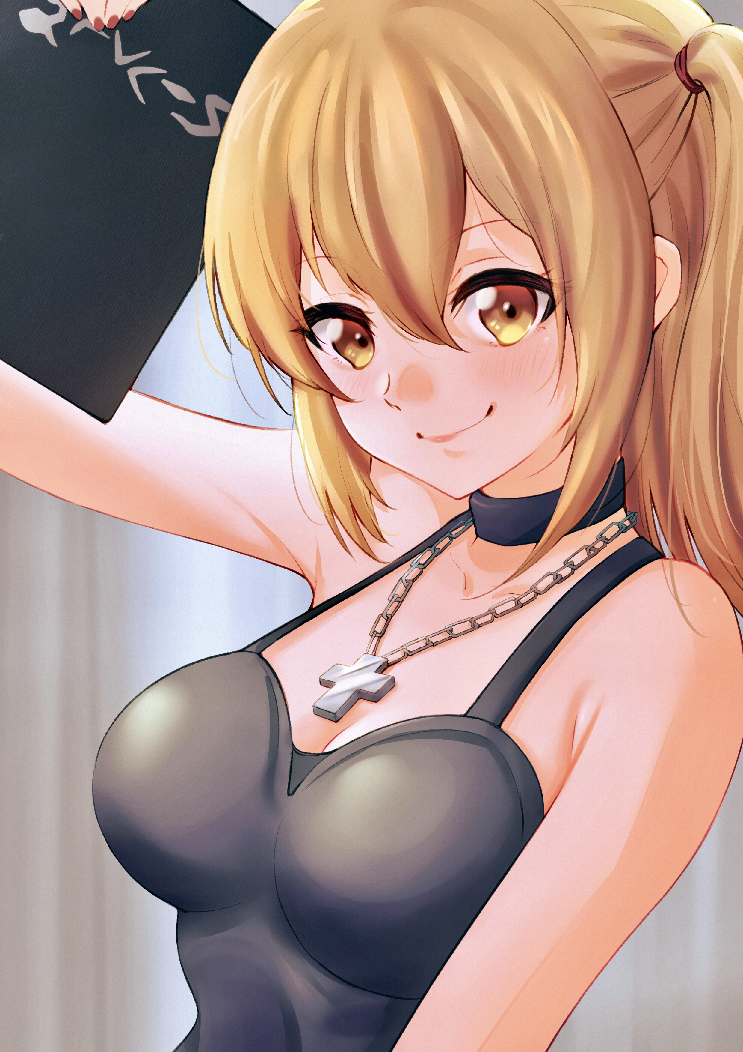 1girl absurdres amane_misa black_choker black_dress blonde_hair breasts brown_eyes choker cross cross_necklace death_note death_note_(object) dress goth_fashion highres jewelry long_hair looking_at_viewer mtoan necklace smile solo two_side_up