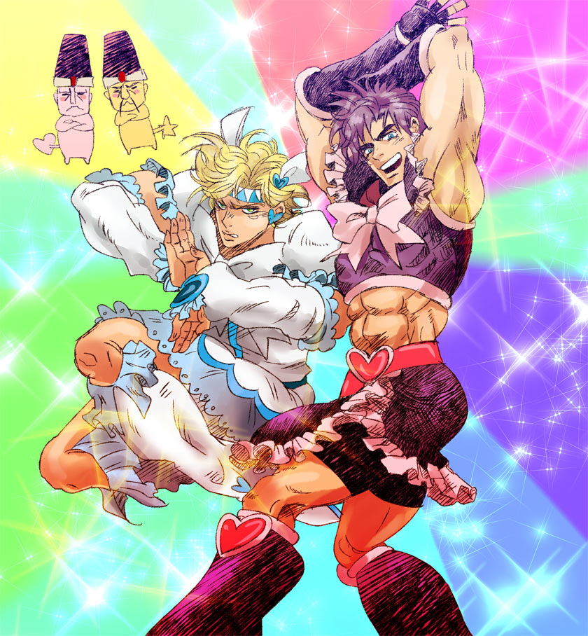 2boys alternate_costume aokumo_2 bad_id bad_pixiv_id battle_tendency black_footwear boots caesar_anthonio_zeppeli cosplay cure_black cure_black_(cosplay) cure_white cure_white_(cosplay) futari_wa_precure futari_wa_precure_max_heart headband jojo_no_kimyou_na_bouken joseph_joestar joseph_joestar_(young) knee_boots loggins_(jojo) magical_girl male_focus manly mepple messina_(jojo) midriff mipple multiple_boys parody precure white_footwear