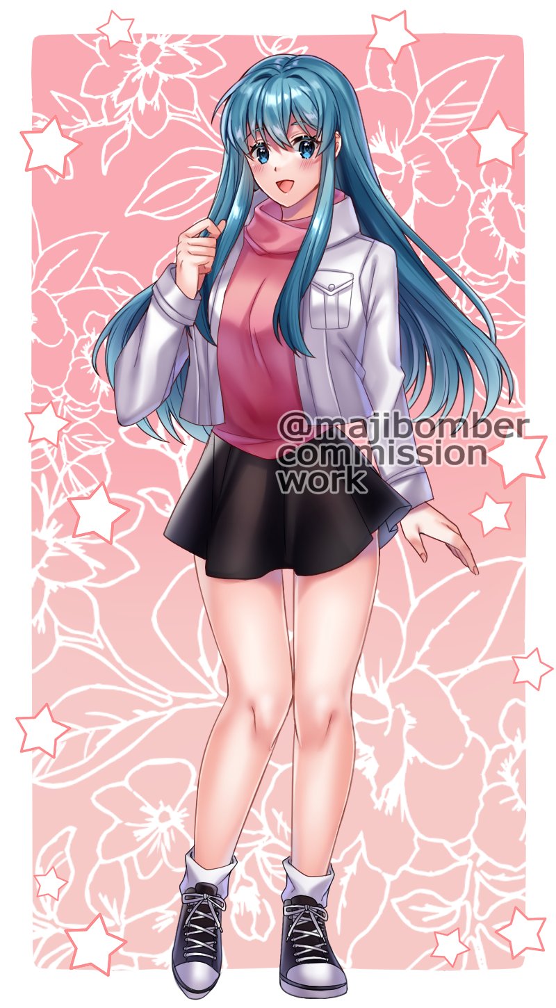 1girl bare_legs black_skirt blue_eyes blue_hair blush breasts commission eirika_(fire_emblem) fire_emblem fire_emblem:_the_sacred_stones full_body highres jacket large_breasts long_hair looking_at_viewer maji_(majibomber) nintendo open_clothes open_jacket open_mouth pink_shirt shirt shoes skirt sneakers standing