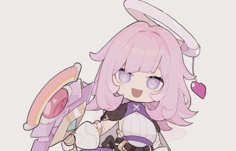 1girl :d chibi elf_elysia elysia_(honkai_impact) eyebrows_hidden_by_hair gloves grey_background halo holding holding_staff honkai_(series) honkai_impact_3rd looking_at_viewer mogomaco open_mouth pink_hair purple_eyes shirt simple_background smile solo staff upper_body white_gloves white_shirt