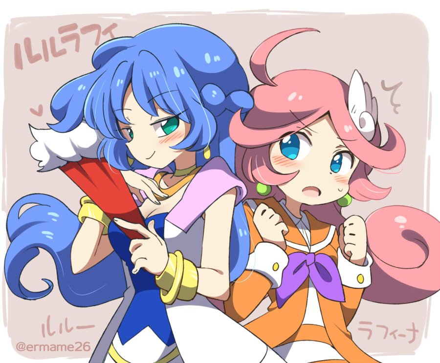 2girls blue_eyes blue_hair eromame green_eyes hand_fan holding holding_fan jewelry looking_at_another multiple_girls pink_hair puyopuyo raffina_(puyopuyo) rulue_(puyopuyo) sweatdrop