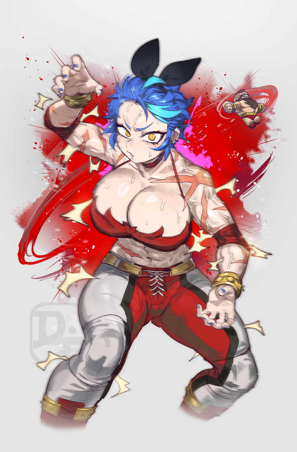 1boy 1girl abs ahoge aqua_hair belt biceps black_eyeliner black_hairband blue_hair boots bow_hairband bra bracelet breasts cape chibi chibi_inset choker claw_pose cleavage commentary cosplay cropped_legs cross_scar crossdressing dif_(difman) difman eyeliner fighting_stance furrowed_brow grey_pants hairband hashtag-only_commentary highres jewelry knee_pads large_breasts leather leather_pants looking_at_viewer makeup midriff mole mole_under_eye multicolored_hair muscular muscular_female original pants red_bra red_cape red_choker red_pants scar scar_on_arm scars_all_over short_hair solo_focus spaghetti_strap streaked_hair street_fighter street_fighter_6 studded_bracelet sweat too_many two-tone_pants underwear veins veiny_arms veiny_face very_sweaty wrestling_outfit yellow_eyes zangief zangief_(cosplay)