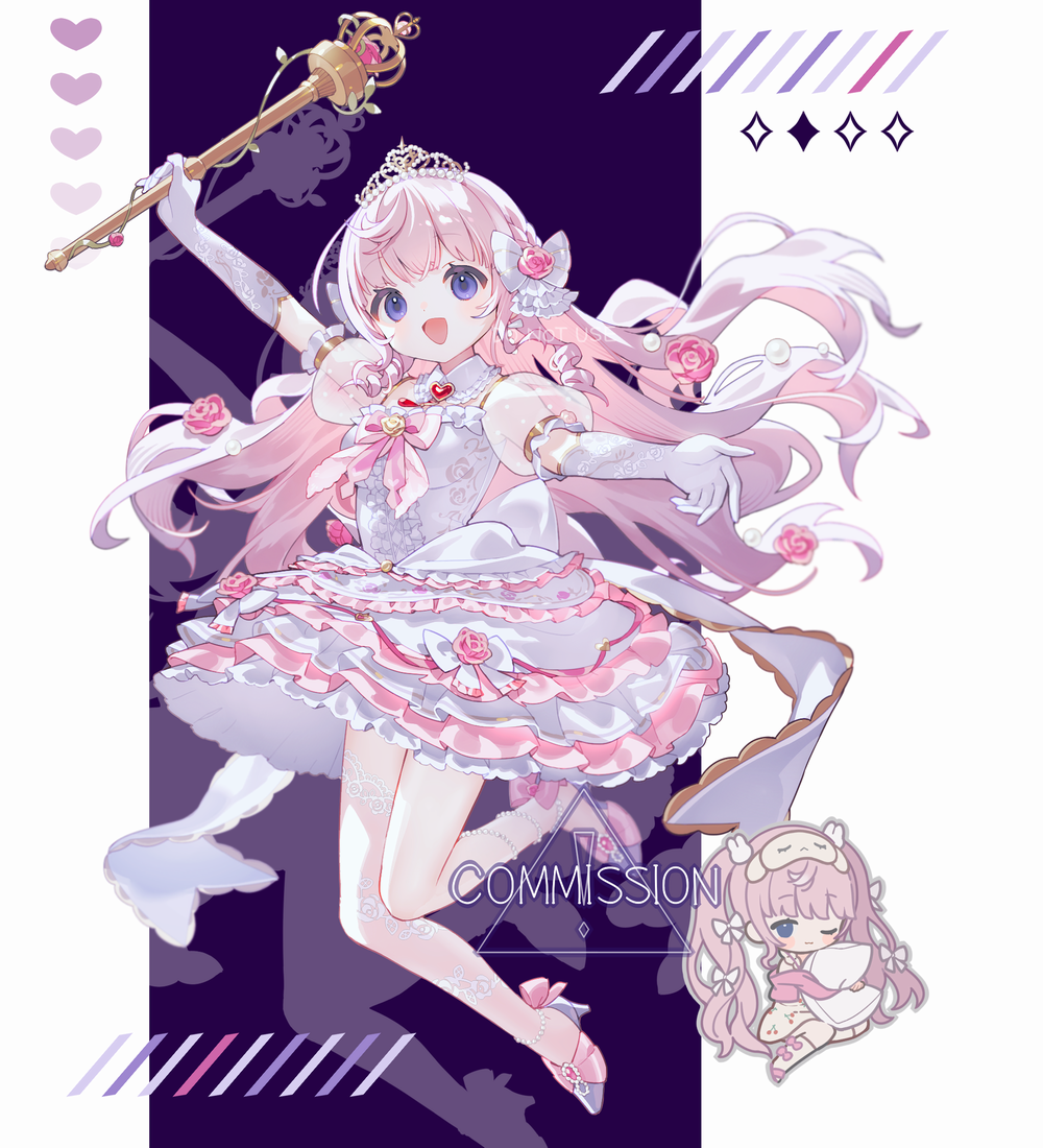 1girl :d ankle_bow ankle_ribbon anklet arm_up blue_eyes blush_stickers bow brooch chibi collar commission curly_sidelocks detached_collar dress dress_bow dress_flower elbow_gloves english_text floating floating_hair floral_print flower frilled_collar frilled_dress frilled_sleeves frills gem gloves grey_outline hair_flower hair_ornament hand_up heart heart_brooch high_heels himeno_aimu holding holding_pillow holding_staff indie_virtual_youtuber jewelry layered_dress leg_ribbon long_hair looking_at_viewer no_pupils one_eye_closed open_mouth outline pearl_anklet pillow pink_bow pink_flower pink_hair pink_rose pink_shoes puffy_short_sleeves puffy_sleeves red_gemstone ribbon rose see-through_clothes see-through_sleeves shoes short_dress short_sleeves sitting skeb_commission sleep_mask smile socks staff tiara twintails virtual_youtuber white_background white_bow white_collar white_dress white_gloves white_socks yamiya_(8_18dlq)