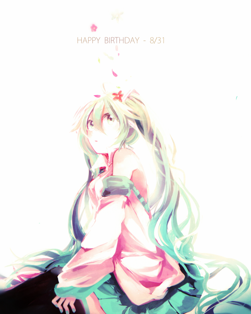 1girl aka_tonbo_(lililil) dated detached_sleeves female_focus green_eyes green_hair happy_birthday hatsune_miku long_hair matching_hair/eyes necktie sitting skirt solo thighhighs twintails very_long_hair vocaloid