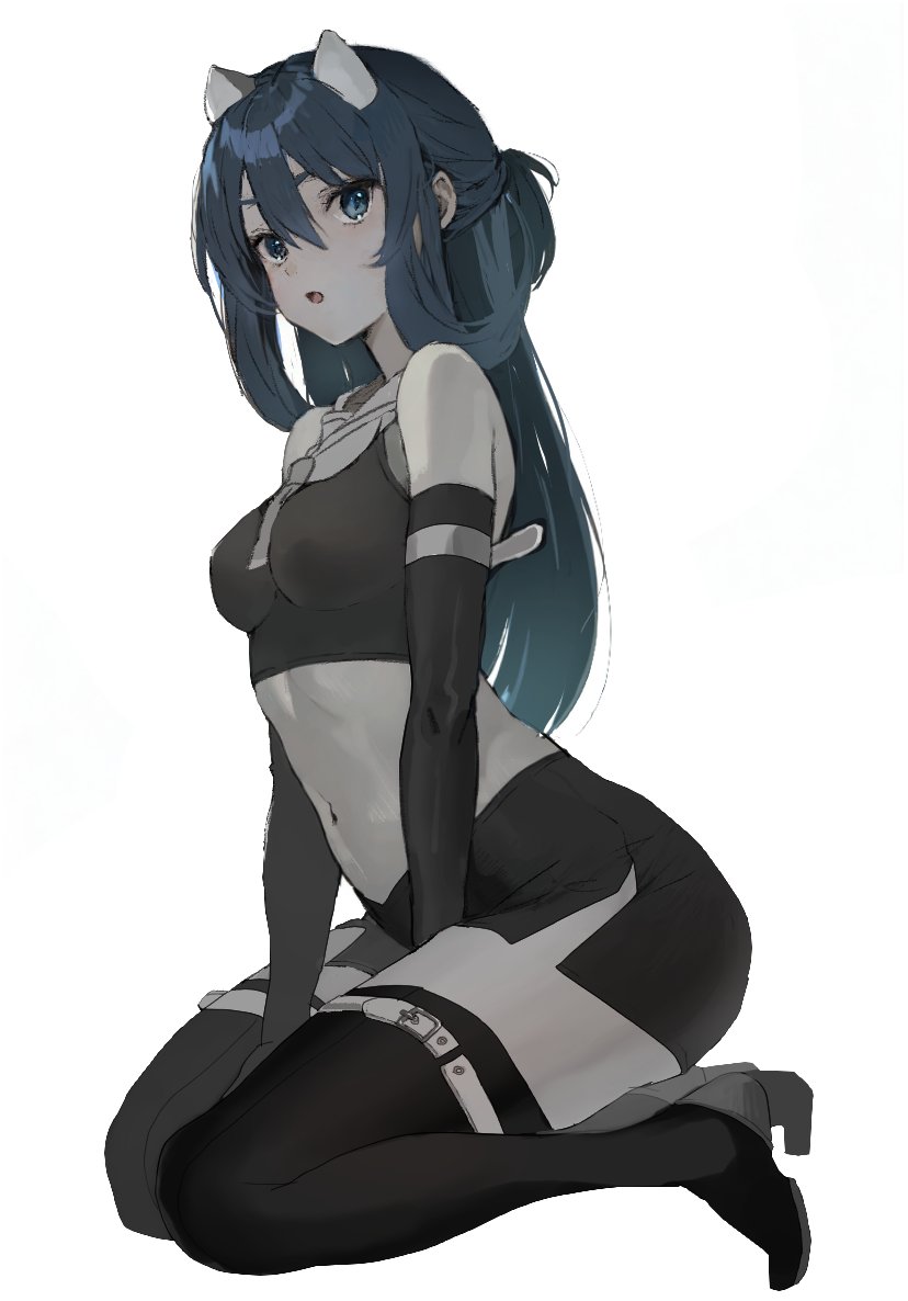 1girl boots breasts crop_top elbow_gloves fake_horns full_body gloves horned_headwear horns i-203_(kancolle) kantai_collection monochrome navel neju pencil_skirt sailor_collar sailor_shirt shirt simple_background skirt sleeveless sleeveless_shirt small_breasts solo thigh_boots