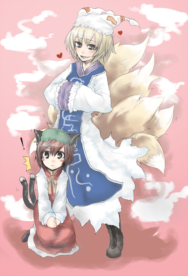 2girls :&lt; animal_ears animal_hat bad_id bad_pixiv_id blonde_hair cat_ears cat_girl cat_tail chen earrings female_focus fox_ears fox_tail hands_in_opposite_sleeves hat jewelry long_sleeves mob_cap multiple_girls multiple_tails mob_cap pink_background short_hair sigama tail tassel touhou wide_sleeves yakumo_ran