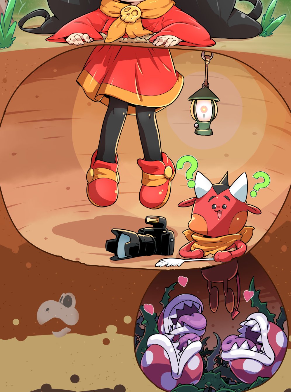 1boy 1girl :3 ? ashley_(warioware) black_hair black_pantyhose camera colored_skin dress dry_bones forest grass head_out_of_frame heart highres horns kankaku_shadan lantern long_sleeves mario_(series) nature neckerchief nintendo open_mouth orange_neckerchief orange_trim outdoors pantyhose piranha_plant plant red_(warioware) red_dress red_footwear red_skin sharp_teeth shoes skull_brooch stuck teeth through_ground tokkyuu_mikan vines warioware