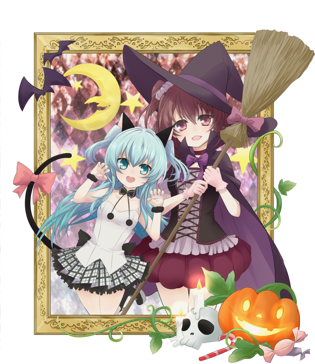 2girls animal_ears bare_shoulders bat_(animal) blue_eyes blush broom candle candy dot_nose fake_animal_ears fake_tail feet_out_of_frame female_focus food halloween halloween_costume hat highres holding holding_broom jack-o&#039;-lantern komiya_nonoka long_hair looking_at_viewer moon multiple_girls noel_(sora_no_method) open_mouth plant pointy_nose skull sora_no_method standing star_(sky) tail tayutauyuta vines witch witch_hat