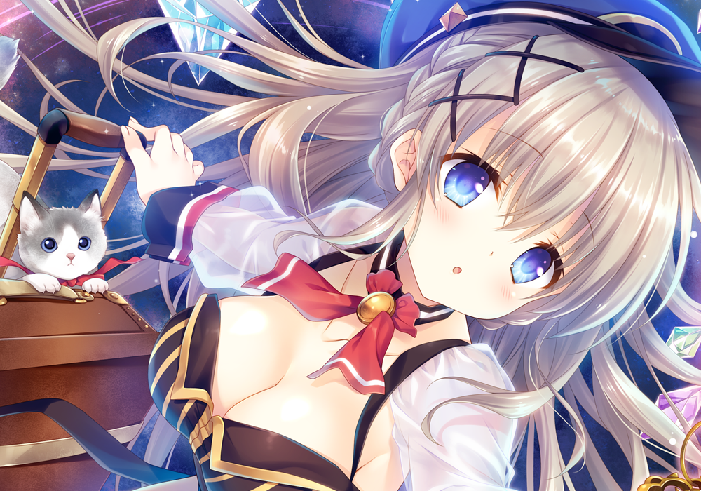 1girl :o animal black_choker black_hat black_shirt blue_eyes braid breasts brown_hair cat choker cleavage detached_sleeves hat large_breasts long_hair long_sleeves looking_at_viewer original parted_lips peaked_cap rolling_suitcase see-through_clothes see-through_sleeves shirt solo suitcase tatekawa_mako upper_body