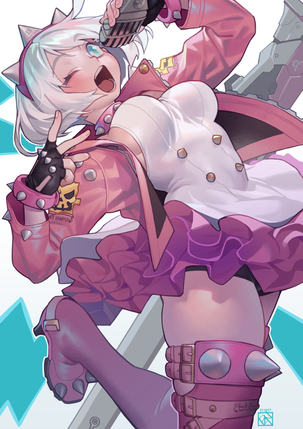 1girl aqua_eyes boots breasts elphelt_valentine frilled_skirt frills guilty_gear guilty_gear_strive highres holding holding_microphone jacket large_breasts microphone one_eye_closed open_clothes open_jacket open_mouth pink_boots pink_jacket pink_skirt pink_thighhighs poch4n short_hair skirt solo thigh_boots thighhighs white_hair