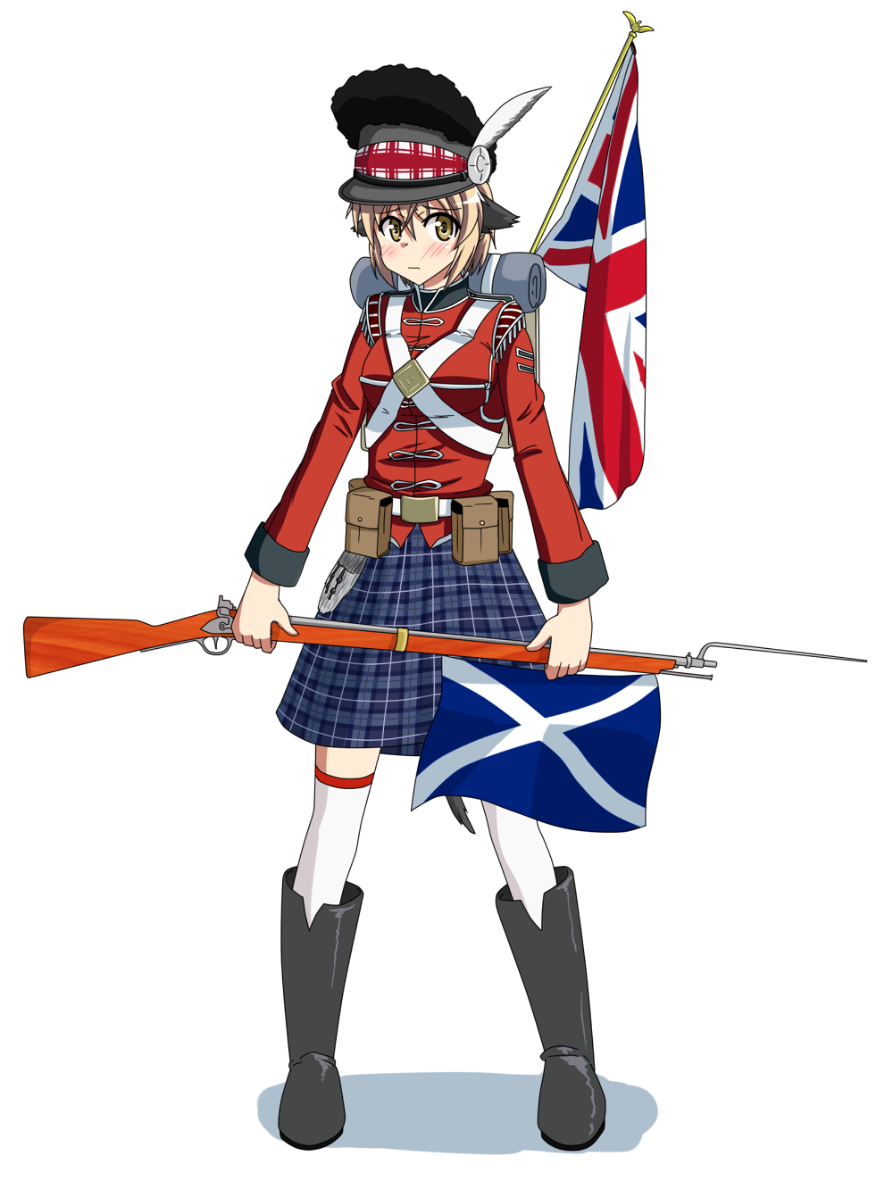 1girl animal_ears backpack bad_id bad_pixiv_id bag bayonet belt blush boots feathers female_focus flag full_body gun hat highres kilt military military_uniform musket norayinu plaid pouch randoseru scotland scottish_flag soldier solo tail thighhighs union_jack united_kingdom weapon white_background zettai_ryouiki