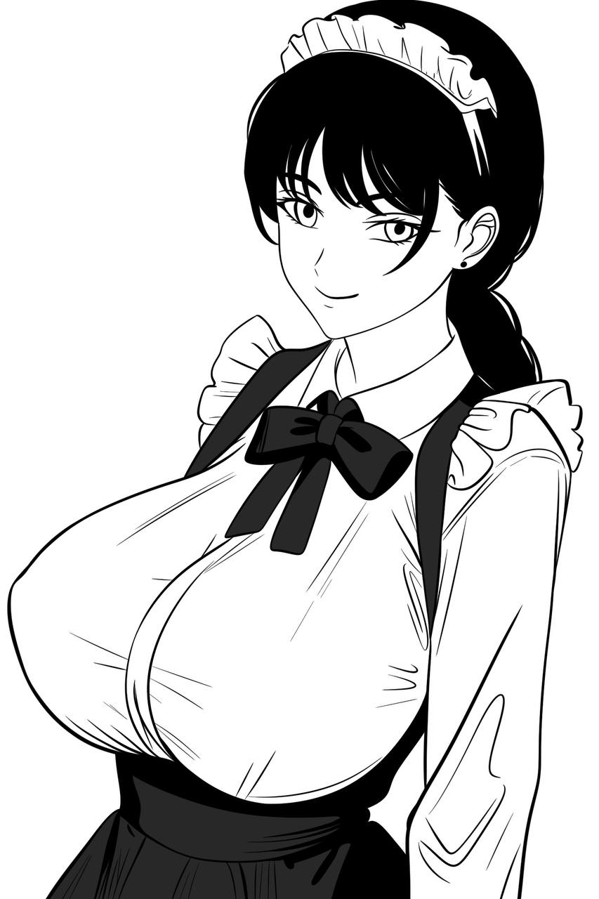 1girl breasts chainsaw_man highres large_breasts looking_at_viewer maid maid_headdress mitaka_asa monochrome mordredpenx ribbon