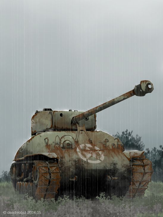 abandoned artist_name dead-robot grass m4_sherman military_vehicle mixed-language_commentary motor_vehicle no_humans original outdoors overcast rain rust sky tank tree vehicle_focus